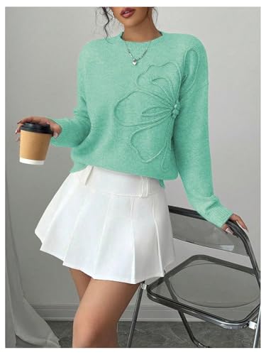 Image of RoseSeek Women's 3D Floral Appliques Crewneck Sweaters Long Sleeve Drop Shoulder Pullovers Elegant Knit Tops