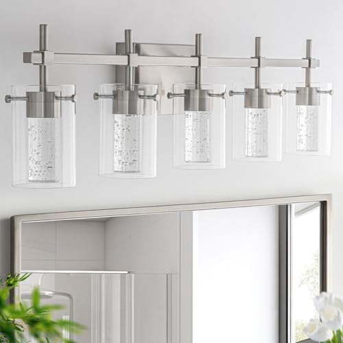 Image of 5-Light Brushed Nickel Vanity Light with 3 Color Modes(3000K /4000K /6000K, Dimmable), Eye Protection LED Bathroom Light Fixture, Modern Wall Light Over Mirror with Clear Glass Shade
