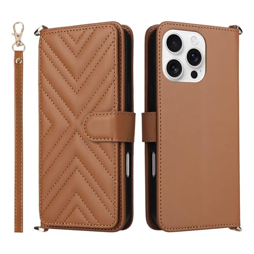 Étui iPhone 14 Pro marron housse portefeuille en cuir à bandoulière et rabat magnétique