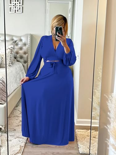 Image of Plus Size Women's 2 Piece Outfits Casual Long Sleeve Wrap Crop Top Maxi Long Dress Flowy Matching Sets