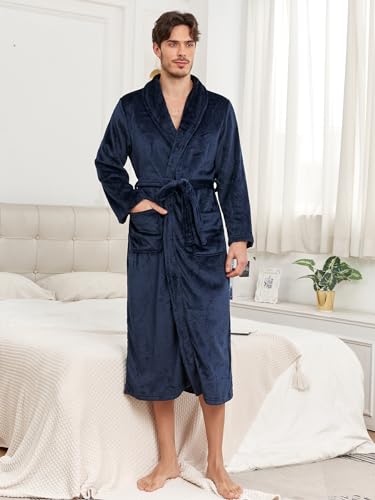 RONGTAI Bathrobe for Men, Long Shawl Collar Robe, Plush Fleece Fabric, Side Pockets, Warm and Cozy Sleepwear (Navy, S), Small2