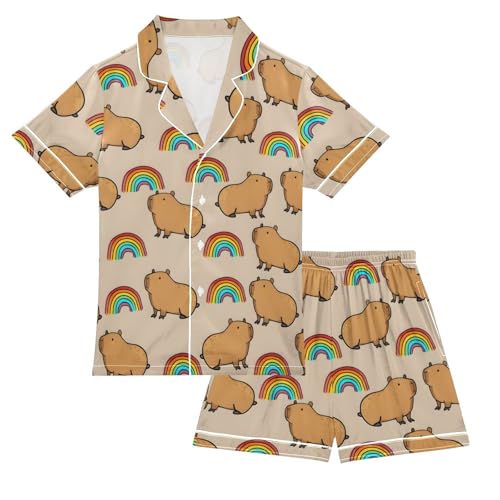 Capybara Rainbow Cartoon Summer Pajamas Set Soft Satin Pjs Sets 2 Piece Short Sleeve Sleepwear Casual Clothes