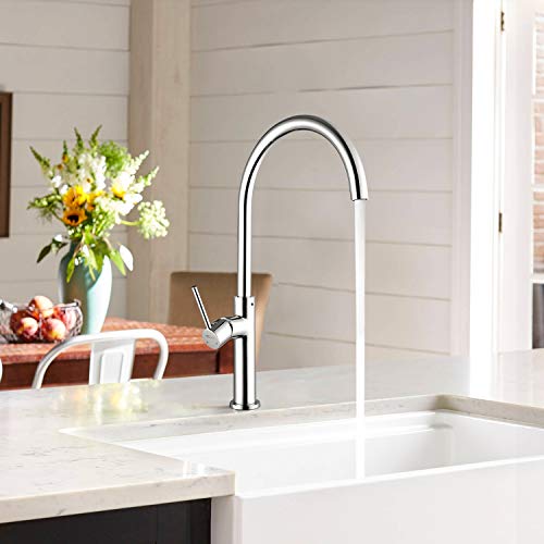 Amzdeal Grifo de Cocina Rotación 360°, Grifo Monomando para Fregadero con Cartucho Cerámico y Aireador, Grifería con Caño Alto, Agua Fría/Caliente, Diseño Clásico para Cocina y Baño