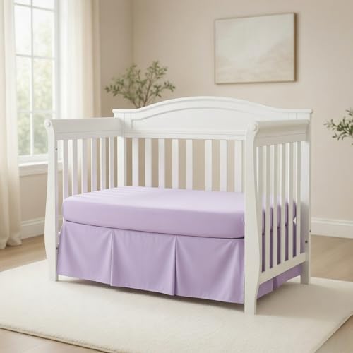 Image of EVERYDAY KIDS Lavender Purple Pleated Crib Skirt; 100% Natural Cotton Nursery Crib Bedding Skirt for Baby Boys and Girls; Crib Dust Ruffle with Split Corners for Easy On and Off, 14 Inch Drop