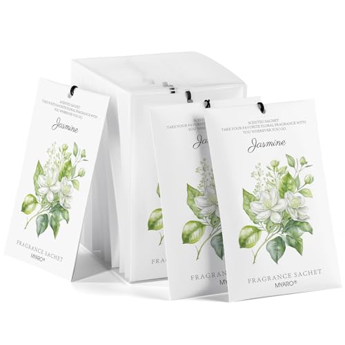 Image of MYARO 12 Pack Jasmine Scented Sachets for Drawer, Closet & Small Spaces Air Freshener Bags, Odor Eliminator for Car, Shoes, Bathroom Home Fragrance Gift Set