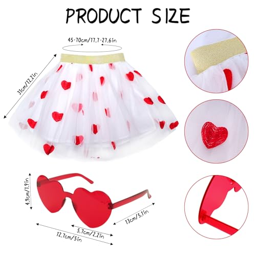 Image of 3Pcs Valentine's Tulle Skirt Sets Heart Embroidered Ballet Skirt with Heart Glasses Ponytail Headband for Girls