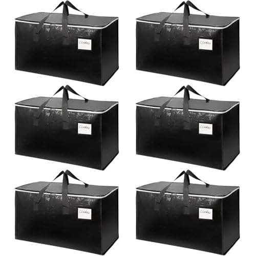 6-Pack Extra-Large Heavy-Duty Moving Bags with Reinforced Handles, Durable Zippers & Waterproof Material — Perfect for Space-Saving, Storage, Shipping and Travel (Black)