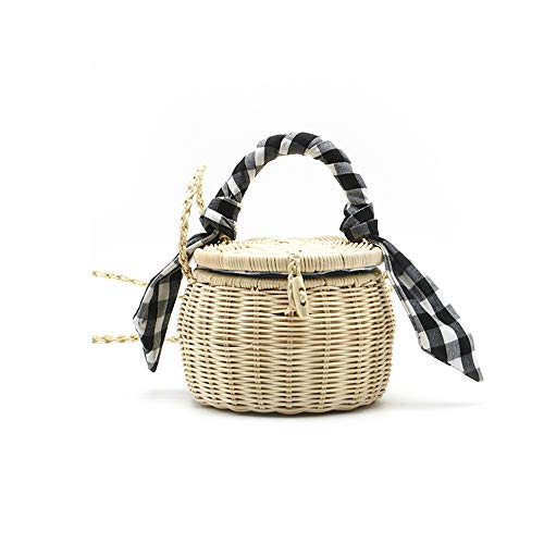 QTKJ Natural Hand-Woven Wicker Round Shoulder Bag Summer Beach Mini Straw Crossbody Bucket Tote Bag with Cute Scarf Top Handle (Black)