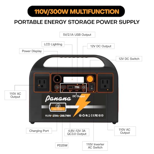 Panana 300W Portable Power Station, 299.7Wh/27Ah Lithium Battery Electronic Solar Generator AC Outlets, DC Output Backup Power Supply for Camping Outdoor Adventure Explorer Travel Emergency - Image 3
