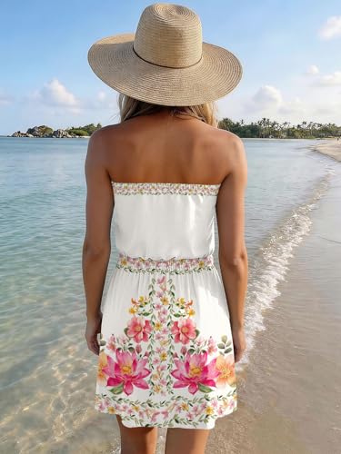 Image of SAUKOLE Summer Dresses for Women Bandeau Strapless Smocked Elastic Waist Sundress Tube Mini Dress with Pockets