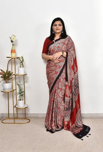 Image of SATIKA VASTRAM Modal Silk Ajrakh Saree Bandhani Design Crepe Printed Designer Pallu Attach Blouse Piece