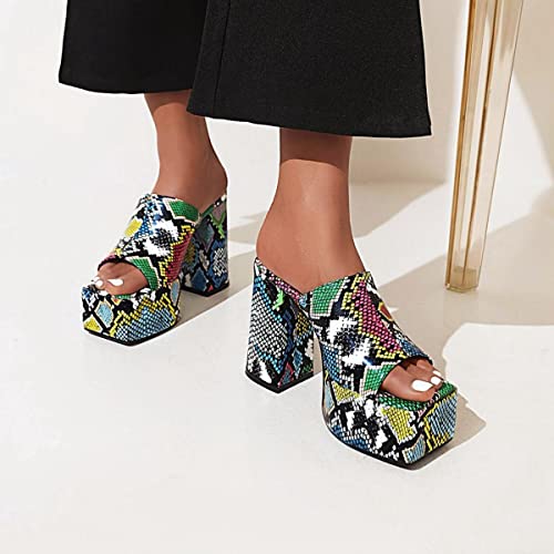 Hayvchoii Womens Chunky High Platform Heel Mules Square Peep Toe Slide Casual Sandals Modern Walking Clog Shoes Size 6 Snake Print #TOP4