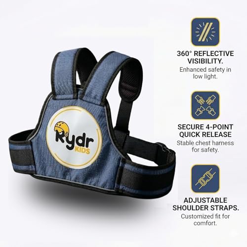 Image of RYDR Regular Motorcycle Safety Harness for Kids (2-12 Years) Adjustable Two-Wheeler Safety Belt for Child Rider with Reflective Strip, Sleek Back Support (Blue, Without Pocket)