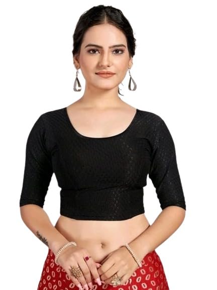 Cotton Stretchable Round Neck Elbow Sleeves Saree Blouse Readymade Crop Top Choli for Girls & Womens-picture-18