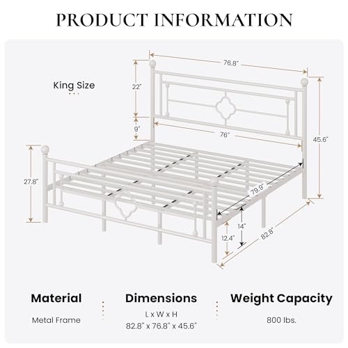 Image of SHA CERLIN 14 Inches King Size Metal Platform Bed Frame /Vintage Iron-Art Headboard and Footboard /Mattress Foundation for Storage /No Box Spring Needed /Noise-Free /Easy Assembly /White