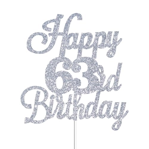Happy 63rd Birthday Cake Toppers Silver Glitter, Cheers to 63 Years Old Bday Decoration 63rd Anniversary Cake Topper, Sixty-three Theme Cake Decorations for Birthday Anniversary Party