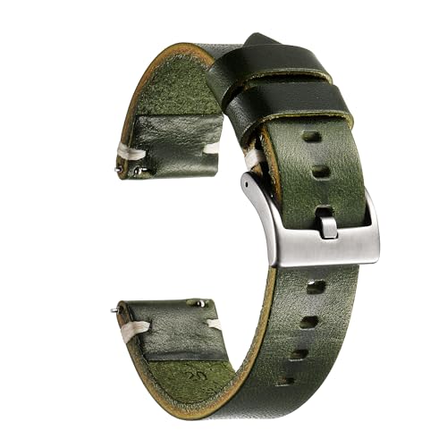 Berfine 20mm Leather Watch Band for Men Women, Vintage Handmade Quick Release Watch Strap Replacement, Thick Single layer, Olive Green