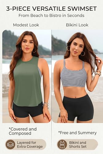 Image of 3 Piece Swimsuits Open Tie Back Tankini Top And Athletic Swim Shorts | Supportive Strappy Swim Bra, Adjustable Straps, Removable Pads, Tummy Control Boyshorts, Quick Dry Fabric, XXS-20 Plus