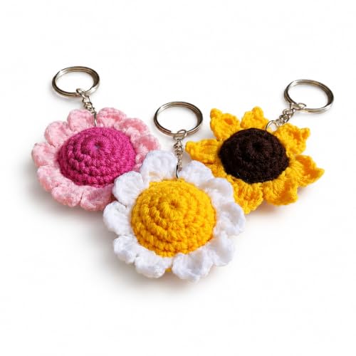 Yarnify Creations Showcase Handmade Crochet Flower Keychain Set of 3, Sunflower, Daisy & Pink Blossom Bag Charms, Soft Yarn Key Rings for Purse, Backpack, Car Keys, Gifts for Women, Girls & Teens