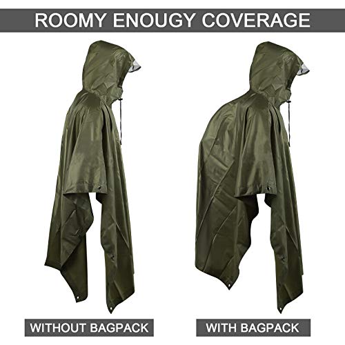 Fousam Camo Poncho, Waterproof Ripstop Hooded Raincoat Lightweight Packable Rain Cover for Hunting Camping Backpacking Emergency Tent Shelter Army Green