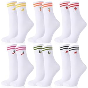 Utensilsto 6er Pack Tennissocken Sportsocken Damen 39-42 Weiße Socken mit Frucht Streifen Motiv Tennis Sport Socken Baumwollsocken Lustige Geschenke Für Damen Frauen Tennis Lauf Arbeit Sport