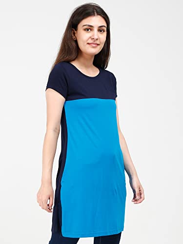 Image of FLEXIMAA Women's Cotton Round Neck Color Block Half Sleeve Long Top