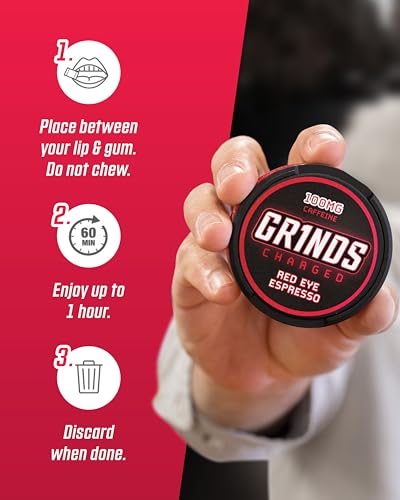 grinds coffee pouches  tobacco free nicotine free healthy alternative  3 cans 12 pouches per can  4x caffeine 100mg per pouch red eye espresso