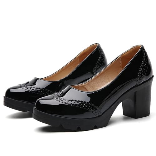 Women's Patent Leather Wingtip Chunky Block Heel Pumps Round Toe Classic Comfortable Slip On Work Office Dress Shoes Formal Vintage Wedding Shoes