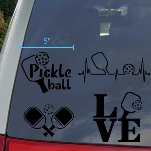 Image of Pickleball Decals 4 Pack: Pickle Ball, Pickleball Heartbeat, Paddles and Pickleball, Love Pickleball Decals (Black, Large ~5 inch)