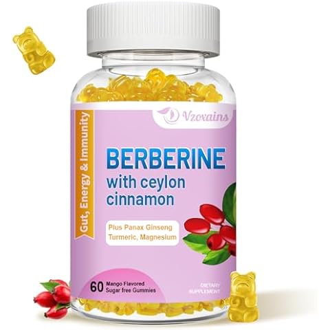 VZOXAINS Berberine with Ceylon Cinnamon Gummies, 2000 mg High Potency Berberine HCI Supplement, Immune Health Support, 60 Mango Flavored Gummies Cover