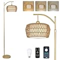 LAMSU Gold Floor Lamps for Living Room, Boho Rattan Floor Lamp with Remote and Dimmable Bulb, 3 Color Temperatures, Modern Arc Standing Lamp with Wicker Shades, Farmhouse Tall Lamp for Bedroom