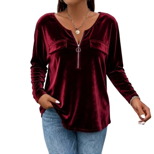 Going Out Tops Womens Velvet Half Zip Crew Neck Long Sleeve Shirts Wine