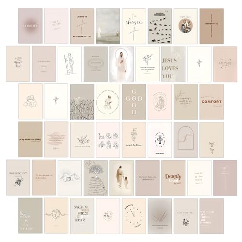 Christian Wall Collage Kit, Neutral Aesthetic Wall Art Prints and Posters, 50 Pcs 4x6 Inch Bible Verse Room Decor, Christian Wall Decor for Bedroom Dorm Office