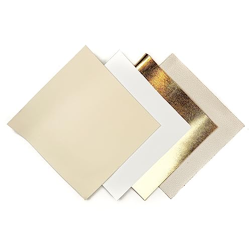 White Leather Fabric For Crafts: 4 Sheepskin Sheets Of White Suede Light Gold Metallic Leather Piece And White Lambskin Leather Hide 5X5In/12X12Cm #TOP5