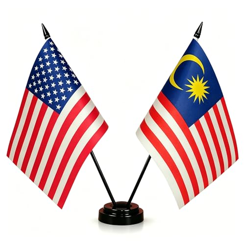 US America & Malaysia Friendship Table Flag Display, American & Malaysia Desk Flag, American & Malaysian Twin Desk Flag Set