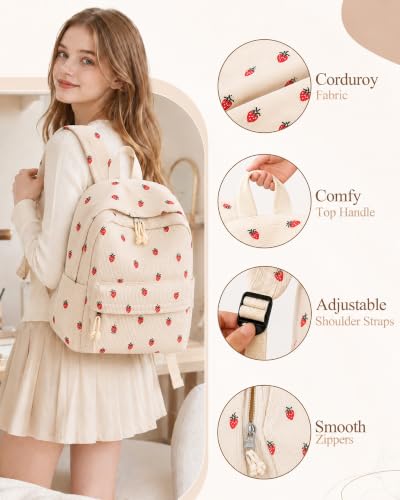 YUANCE Strawberry Corduroy School Backpack