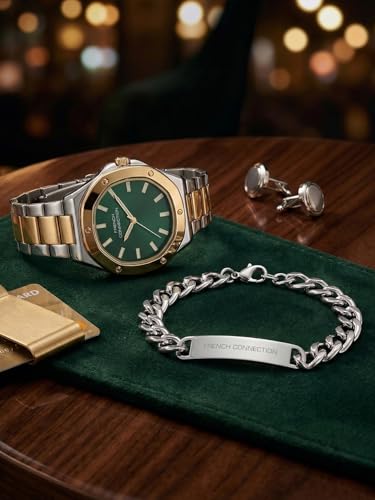 Image of French Connection DUOLUXE Green Dial Stainless Steel Watch and Bracelet for Men - FCB22NTM