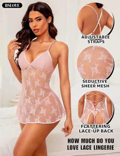 RSLOVE Lace Babydoll Lingerie for Women - Sexy Chemise Mesh Sleepwear Nightgown V neck Nightwear Outfit Strap Dress Nighty3