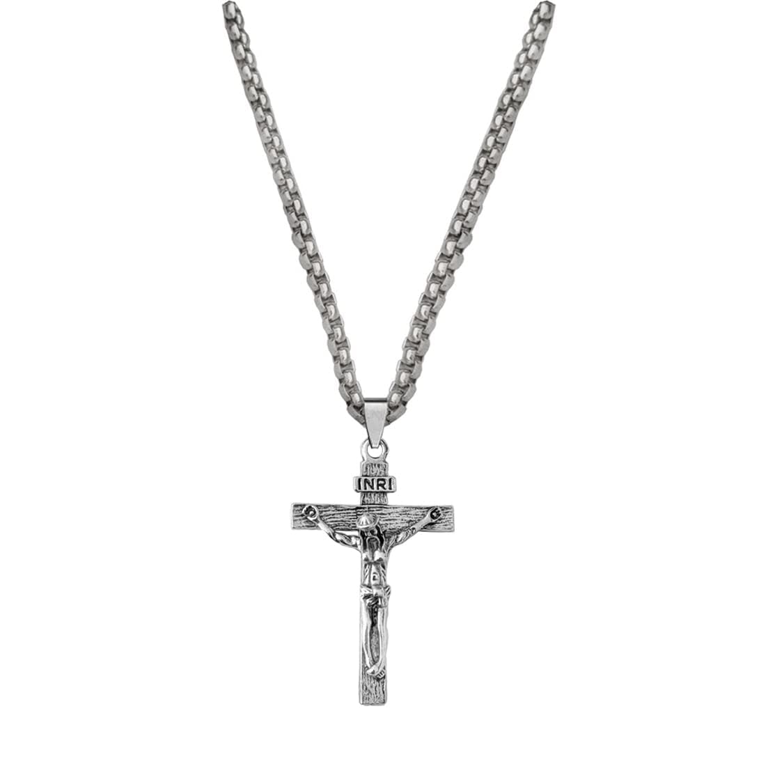 Religious Lord Jesus Christ Cross Silver Stainless Steel Pendant Necklace Chain For Men And Women