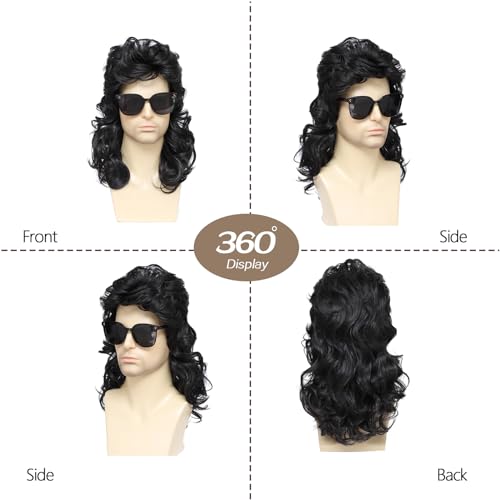 Image of Men's 70s 80s Rock Mullet Wig, Black Wavy Mullet Wig with Sunglasses & Comb for Halloween Costume Party (Black)