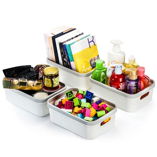 Elsjoy Set of 6 Plastic Storage Bin, 10"x 7"x 4" Classroom Storage Basket Cabinet Storage Bin with Handle, White Shelf Organizer Bins for Bathroom, Office, School thumbnail 7