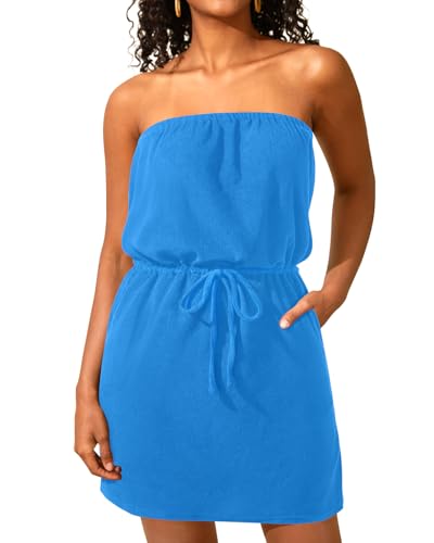 Pinup Fashion Beach Cove Up Terry Cloth Women Brilliant Blue Strapless Swimsuit Coverup Dress with Pockets M
