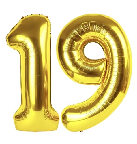 Image of Gold 19 Balloon - Number Balloon 40 Inch, 19th Gold Birthday Decorations