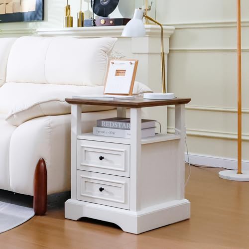 Image of ALBAD Farmhouse Nightstands with Charging Station,White & Wood Tabletop | End Tables with 2 Drawers, Open Shelf, USB Ports, Metal Knobs, for Rustic Bedroom Bedside, Living Room, Dorm