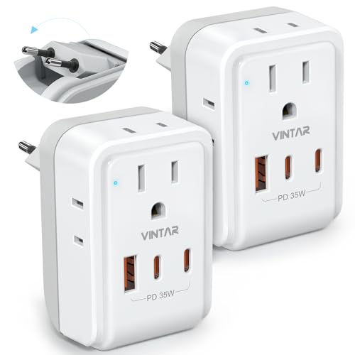 2 Pack European Travel Plug Adapter, VINTAR PD 35W Foldable Type C Adapter with 4 AC Outlets 3 USB Ports(2 USB C), Travel Essentials Charger for US to Most of Europe EU Italy Spain France -  USC1-301-2CU Ultra