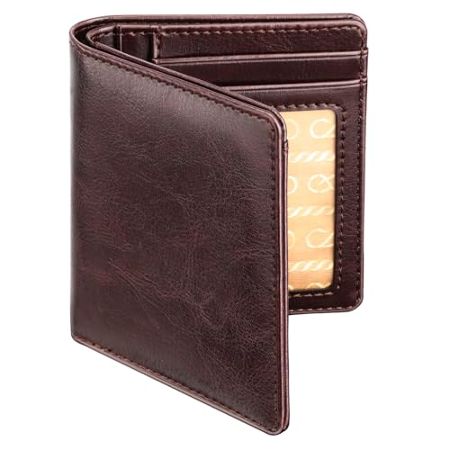 Teskyer Leather Wallets for Men, RFID Blocking Wallet/Credit Card Holder with 2 ID Windows, Brown, Large Capacity, Modern