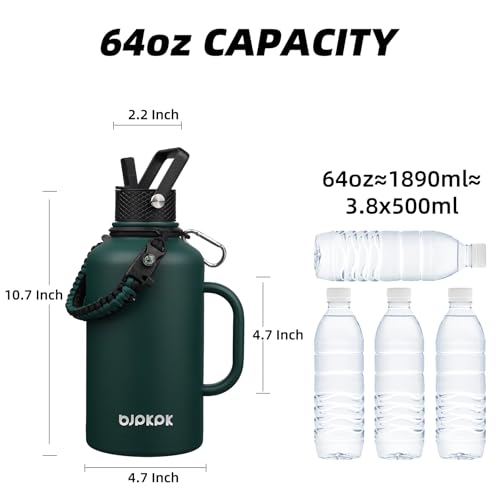 Image of BJPKPK Half Gallon Insulated Water Bottles with Straw Lid & Side Handle, 64oz Large, Stainless Steel Water Bottles with 3 Lids and Paracord Strap, Metal Water Jug,Army Green