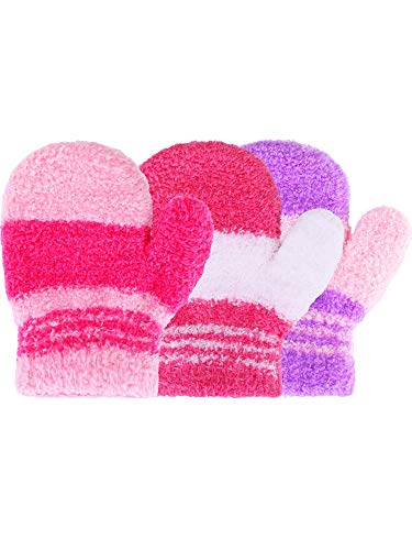 Satinior 3 Pairs Toddler Magic Stretch Mittens Little Girls Soft Knit Mitten Baby Boys Winter Knitted Gloves (Light Pink and Dark Pink, Dark Pink and White, Purple and Light Pink, 1-4 Years Size)