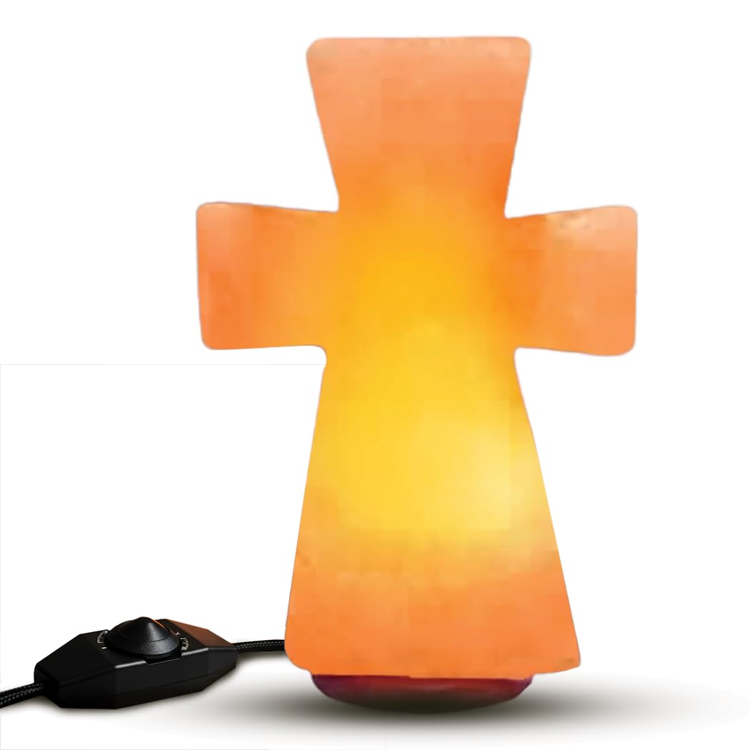 Himalayan Salt Cross Lamp – 8" Tall, 5" Wide, 7 lbs – Handcrafted Pink Salt Lamp Night Light with Wooden Base – Decorative Gift for Prayer Room, Bedroom, or Living Space