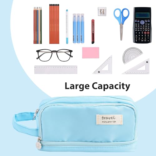 Image of Large Capacity Pencil Case, Pen Bag, Stationery Storage Kit, Multiple Compartments, Office Travel Pouch, Arts and Crafts Supplies Organizer (LIGHT BLUE)